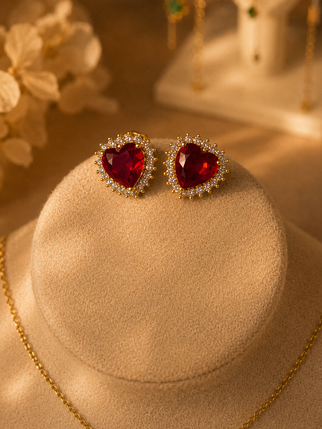 Set Romántico "Coeur": Collar y Aretes Corazón Rubí
